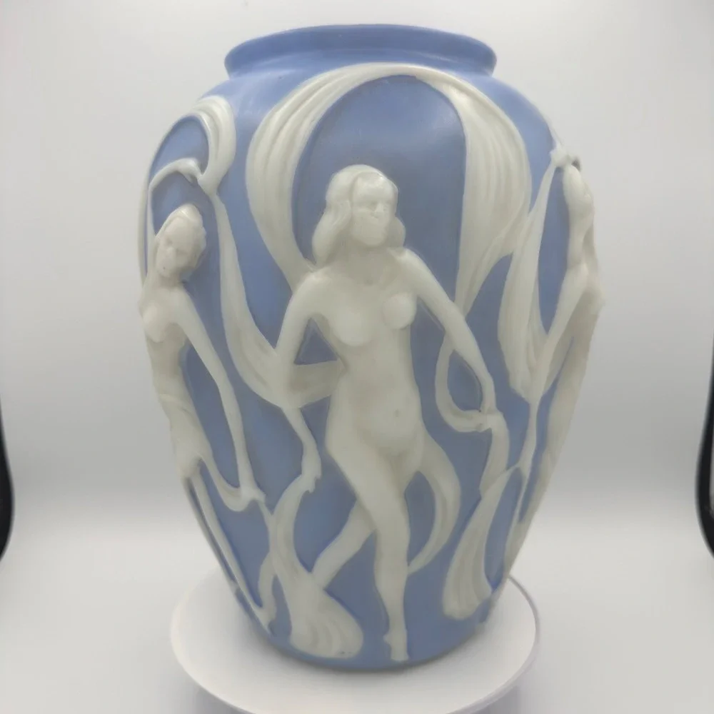 Vintage Phoenix Glass Dancing Ladies Vase Blue White Art Deco Nude Nymph 11.5